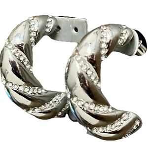 Nordstrom Rack Silver-Tone Twisted Hoop Earrings With Crystal Pavé Accents - NWT